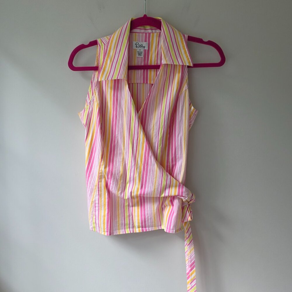 LILY PULITZER Wrap Blouse | Size 4 | Stripes Tie Waist Point Collar Pink Yellow